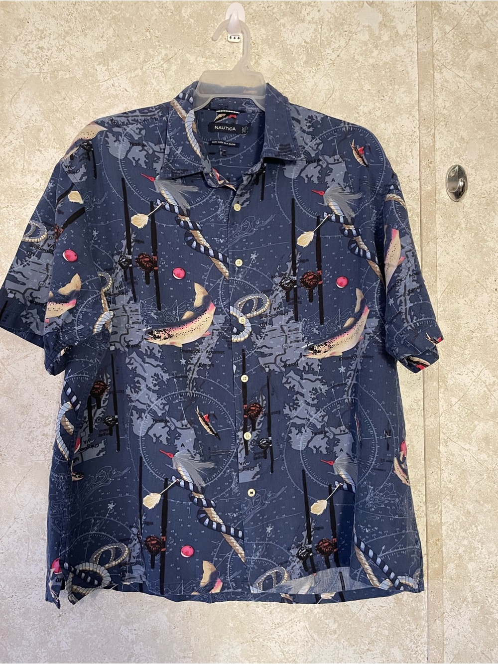 Nautica Men’s Silk Blend Multi Color Short-Sleeve Fishing Print Button-Up Shirt